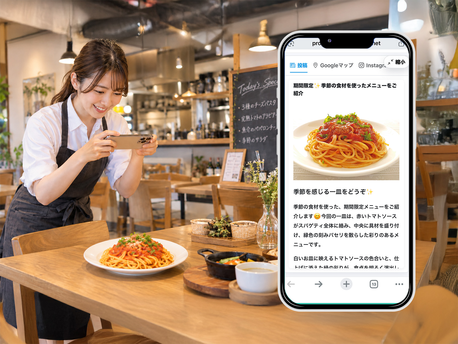 商品や料理の写真から投稿文章を作成するイメージ